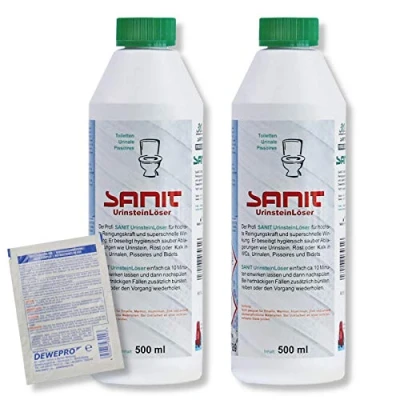 Abbildung von DEWEPRO Set: SANIT Urinsteinlöser 3031 2 Flaschen à 500ml WC Reiniger Kalklöser für höchste Reinigungskraft extra stark, inkl. 1 St. DEWEPRO® Single Scrubs