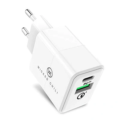 Abbildung von Wicked Chili 20W Duo Ladegerät, USB A/USB C Schnellladegerät, Netzteil kompatibel mit Samsung, Huawei, Apple iPhone 14, 13, MagSafe Steckernetzteil (Power Delivery, QC 3.0, PD)
