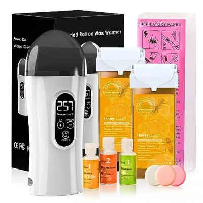 Abbildung von Roll On Wachsgerät Set, Demine Waxing Set für Wachs Haarentfernung, Digitales Wax Maschine mit 2 Honig Wachspatronen, 100 Vliesstreifen, Vor und Nachbehandlung