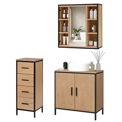Abbildung von EUGAD Badezimmer Badmöbel Set Waschbeckenunterschrank Unterschrank Badezimmerschrank mit Spiegelschrank Hängeschrank für Bad Kommode 4 Schubladen Metall + Holz Model 8
