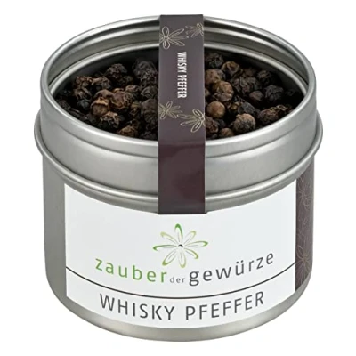 Abbildung von Zauber der Gewürze Whisky Pfeffer, Whiskypfeffer, schwarzer Malabar Pfeffer eingelegt in Single Malt und getrocknet, Gourmetpfeffer, intensives Aroma, Top Qualität, 55 g