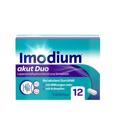 Abbildung von Imodium® akut Duo Unsere Kompletthilfe bei akutem Durchfall Lindert zusätzlich Blähungen oder Krämpfe 12 Tabletten