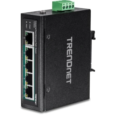 Abbildung von TRENDnet TI PE50 Industrieller 5 Port DIN Schienen Fast Ethernet Switch, 4 PoE+ Ports, 1 Port, 90 W PoE Leistungsbudget, Schiene, Schutzart IP30, Schwarz