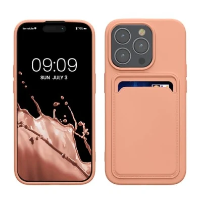 Abbildung von kwmobile Handyhülle kompatibel mit iPhone 15 Pro Hülle Handy Cover Fach für Karten in Grapefruit Pink