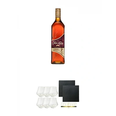Abbildung von Flor de Cana Grand Reserva 7 Jahre Nicaragua 0,7 Liter + Millonario Rum Gläser 6 Stück Schiefer Glasuntersetzer eckig ca. 9,5 cm Ø 2