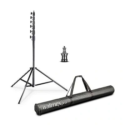 Abbildung von Walimex pro AIR Jumbo 730 Lampenstativ 730cm luftgedämpftes Lichtstativ Aluminium 7,3m max Höhe 22,5 kg Traglast, stabil &amp; komfortabel Leuchtenstativ für Film Fotografie Studio Outdoor, mit Tasche