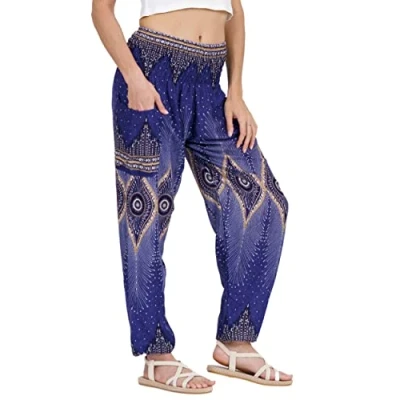 Abbildung von Lofbaz Damen Haremshose Yogahose Pumphose Hippie Hose Boho Kleidung Festival Outfit Sommerhose Leicht Sommer Hosen Floral 2 Blau M