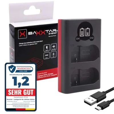 Abbildung von Baxxtar Ladegerät 18522 kompatibel mit Akku Nikon EN EL15 EL15a EL15b EL15c (Dual, LCD, Eingang USB C und Micro USB)
