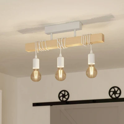 Abbildung von EGLO Deckenlampe Townshend, 3 flammige Vintage Deckenleuchte im Industrial Design, Retro Pendelleuchte aus Stahl und Holz, Farbe Weiß, Braun, FSC zertifiziert, E27