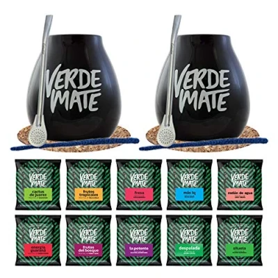 Abbildung von Verde Mate Tee Set mit Zubehör für zwei Personen Proben von grüne 10x50g Kalebasse, Bombilla und Brasilianische, Natürliches Koffein 500g