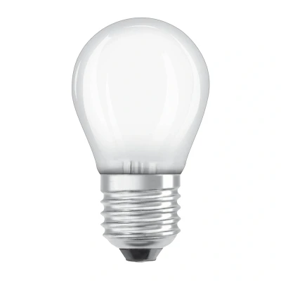 Abbildung von OSRAM LED Superstar Classic Lampe P 40 in klassischer Miniballform aus gefrostetem Glas, 2.2 W, 470 lm, E27 Fassung, warmweißes Licht mit 2700 K, EEK A, 45 mm Durchmesser.