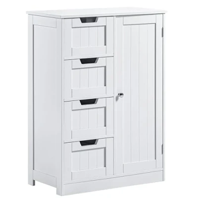 Abbildung von Vida Designs Badezimmerschrank mit 4 Schubladen, 1 Tür, Standschrank, Holz, Weiß