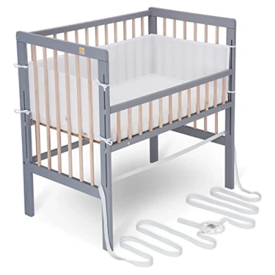 Abbildung von FabiMax Baby Beistellbett für Boxspringbett, TÜV geprüft 2022, inkl. Matratze und Nestchen aus Netzstoff, Buche massiv grau/Natur, Comfort/weiß