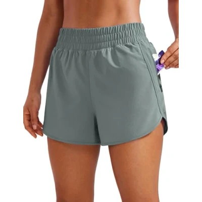 Abbildung von CRZ YOGA Damen Kurz Sporthose Laufhose High Waist Fitness Sport Shorts Kurze Hose mit Reißverschlusstasche Grauer Salbei 44