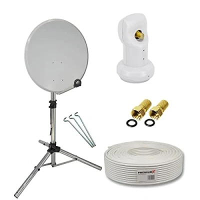 Abbildung von Premium X Camping Satelliten Komplettanlage 45cm Schüssel SAT Single LNB Ständer Dreibein Stativ 10m Kabel 2X F Stecker
