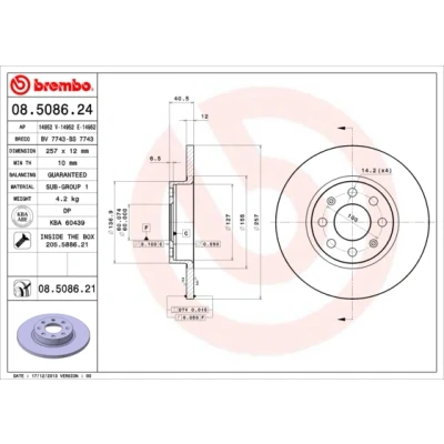 Abbildung von BREMBO COATED DISC LINE 08.5086.21 Bremsscheibe 257 12 4 voll beschichtet mit Schrauben FIAT: Grande Punto Schrägheck, Evo Schrägheck