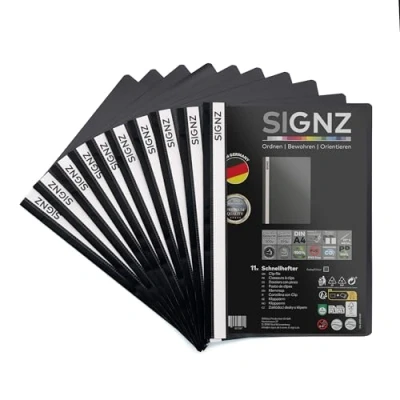 Abbildung von SIGNZ Schnellhefter DIN A4, stabil, 11 Stück, schwarz, transparenter Deckel, CO2 neutral hergestellt, aus recycelbarem Kunststoff (PP), FSC Mix 70%, made in Germany