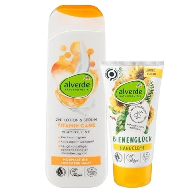 Abbildung von alverde NATURKOSMETIK 2er Set Hautpflege: Bodylotion Serum 2in1 VITAMIN CARE intensive Feuchtigkeit &amp; gegen sonnenbedingte Hautalterung (250 ml) + Handcreme BIENENGLÜCK (75 ml), 325 ml