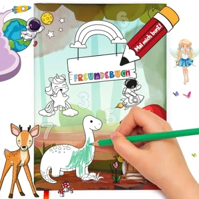 Abbildung von TOBJA Poesiealbum Freundebuch Kinder Kindergarten Dino Einhorn, Individuell gestaltbares Cover, Erinnerungsbuch für Mädchen und Jungen