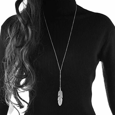 Abbildung von Yienate Boho Y Necklace Feather Pendant Long Fringe Leaf Minimalist Charm Angel Jewelry for Women and Girls