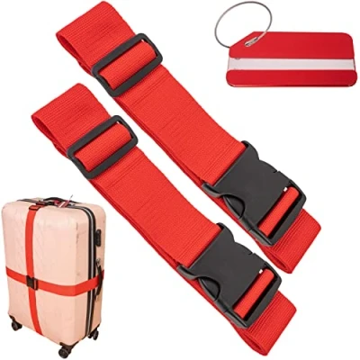 Abbildung von Kofferband Set mit Kofferanhänger, 2 Stk, 200 cm Gurtband Schnalle für mehr Sicherheit, in Rot, Namensschild, Koffergurte Adressschild zum Reisen und Fliegen, Kofferspanngurte, Gurt Koffer