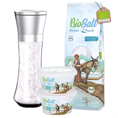 Abbildung von BioSalt Nortem Pearls Bio Natives Meersalz 2x200 g Kübel Fein + 650 Beutel Extra Grob Mühle. 100% Natürliches. Reich an Mineralien. Gesundes Kochen. Unraffiniert, ohne Konservierungsstoffe.