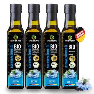 Abbildung von Kräuterland Bio Schwarzkümmelöl 4x250ml (1Liter), gefiltert, schonend kaltgepresst, vegan reich an Thymoquinone Frischegarantie: täglich mühlenfrisch direkt von unserer hessischen Ölmühle