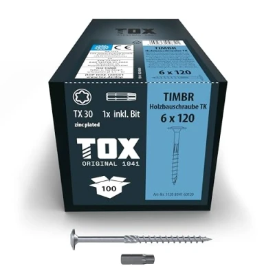 Abbildung von TOX Holzbauschrauben TIMBR TK 6,0 x 120 mm, blau verzinkt mit Tellerkopf, TX30, Schrauben für leichtes Eindrehen und hohe Tragfähigkeit im Holzbau, 100 Stück Karton, inkl. 1x Bit, 1120804160120