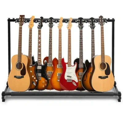Abbildung von Pyle Gitarrenständer Guitar Stand, 9 Space Faltbarer Mehrfach, Bass ständer, für Akustikgitarre, E Gitarre &amp; Gitarrentasche, Tragbarer Gitarrenstaender mit Schaumstoffpolsterung