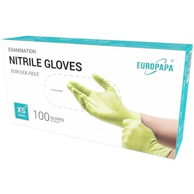 Abbildung von EUROPAPA® 100x Nitrilhandschuhe Box Einweghandschuhe, Einmalhandschuhe, Untersuchungshandschuhe, Nitril Handschuhe, puderfrei, ohne Latex, unsteril, latexfrei, disposible gloves (XS, Grün)