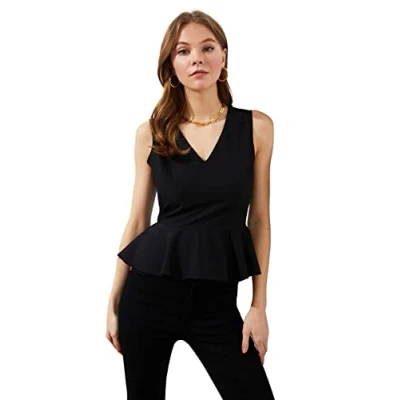 Abbildung von Trendyol Damen Bluse mit V Ausschnitt, gewebt, figurbetont, Schwarz, 38