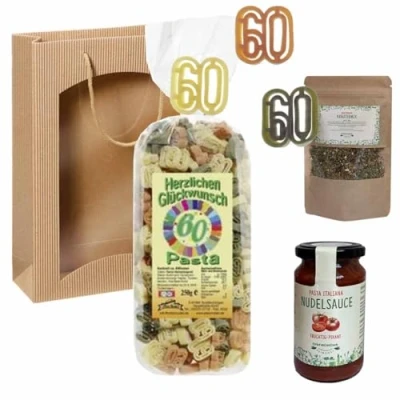 Abbildung von Feinkost Set 60. Geburtstag mit Nudeln, Sauce, Gewürze // Nudeln als 60,