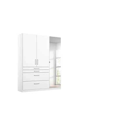 Abbildung von Rauch Möbel Harburg Schrank Kleiderschrank Drehtürenschrank Weiß 3 türig mit Spiegel und 4 Schubladen inklusive Zubehörpaket Basic Einlegeböden, 1 Kleiderstange BxHxT 136x197x54 cm