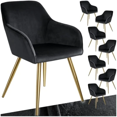 Abbildung von tectake® Esszimmerstühle mit Armlehne, Stuhl, Samt Polster Stühle, Möbel für Esstisch, Schminktisch, Wohnzimmer, Esszimmer, Arbeitszimmer, ergonomischer Dining Chair schwarz/Gold, 8er Set