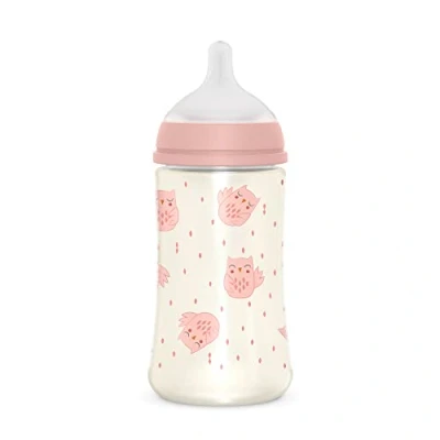 Abbildung von Suavinex, Babyflasche 270 ml mit physiologischem Sauger SX Pro aus Silikon, Anti Colic Ventil, mittlerer Nahrungsfluss (M), für Babys +3 Monate, Bonhomia, Rosa
