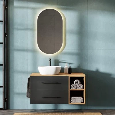 Abbildung von Planetmöbel LUX Badmöbel Set Waschbecken mit Unterschrank 100 cm, Aufsatz 42 cm weiß, Spiegel 50 (ohne LED), Waschbeckenunterschrank Gold Eiche/Anthrazit