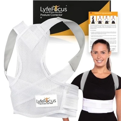 Abbildung von LyfeFocus S1 Haltungskorrektur für Männer und Frauen Unsichtbare atmungsaktive Stütze den oberen Rücken bei Nacken , Schulter Rückenschmerzen (Weiß, Mittel)