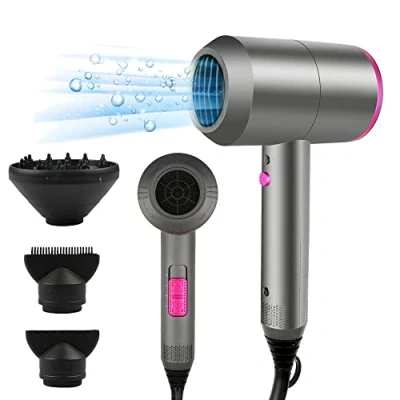 Abbildung von Ionischer Haartrockner für professionelles Haar, 2000 W, AC, professioneller Motor mit 3 Wärmeeinstellungen, Kaltlufttaste 1 Diffusor und 2 Konzentratoren viele graue Frisuren
