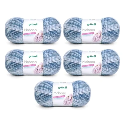 Abbildung von Gründl Wolle Mohanna Strick und Häkelgarn aus 90% Polyacryl, 10% Mohair, 5 x 100 g, dicke Wolle, hellblau türkis dunkelblau