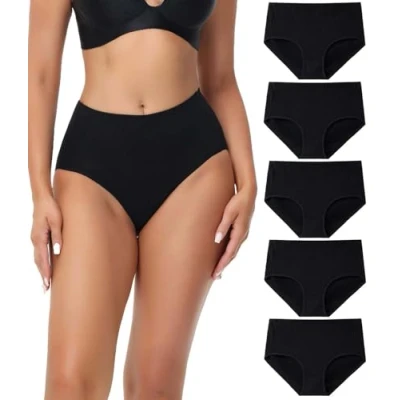 Abbildung von wirarpa Unterhosen Damen Baumwolle Midi Hohe Taille Slips Weiche Unterwäsche Frauen Panties 5er Pack Schwarz Größe L