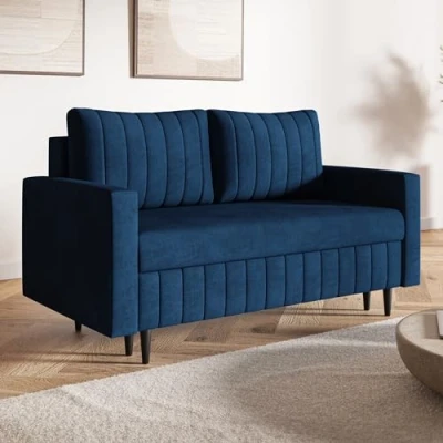 Abbildung von MOTIVENA Leo 2 Sitzer Sofa mit Schlaffunktion, Schlafsofa 160 cm Breit, Sitzer, 2er Sofa, Klein, Keine Couch, Bonellfederkern (H4), Samt Blau
