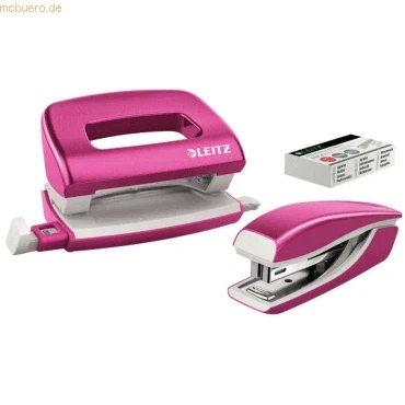 Abbildung von Leitz 55996023 Mini Heftgerät und Locher Set (für bis zu 10 Blatt, Inkl. Heftklammern, WOW) metallic pink