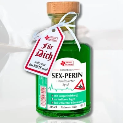 Abbildung von 0,2L Apothekerflasche Sexperin 20% vol. Pfefferminz Likör aus der Humorapotheke Humor Apotheke Spaßmedizin Scherzartikel Humormedizin