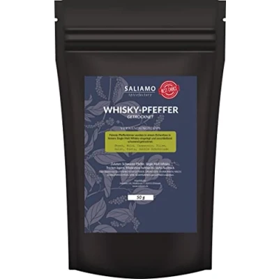 Abbildung von 50g Whiskypfeffer, schwarzer Pfeffer in Whisky eingelegt und getrocknet, intensives Aroma, angenehme schärfe, ausergewöhnlicher Geschmack Saliamo