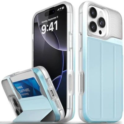 Abbildung von VENA vCommute Schutzhülle für iPhone 16 Pro Max, [Fallschutz in Militärqualität], Klapphülle aus Leder, Kartenhalter mit Ständer, Pastellblau