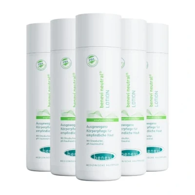 Abbildung von benevi neutral Lotion 5 x 200 ml für empfindliche und zu Allergien neigende Haut die leichte pH hautneutrale Bodylotion pflegt mit wertvoller Sheabutter.
