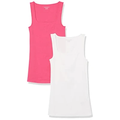 Abbildung von Amazon Essentials Damen Tanktop mit schmaler Passform und quadratischem Ausschnitt, 2er Pack, Weiß/Dunkelrosa, XL