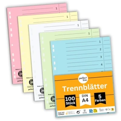 Abbildung von perfect line 100 Trennblätter, 5 Pastell Farben stabiles Recycling Papier, für DIN A4 Ordner und Ringbücher Blauer Engel zertifiziert, Made in Germany
