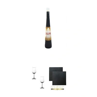 Abbildung von Galliano Ristretto 0,5 Liter aus Italien + Nosing Gläser Kelchglas Bugatti mit Eichstrich 2cl und 4cl 2 Stück Schiefer Glasuntersetzer eckig ca. 9,5 cm Ø