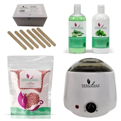 Abbildung von Dermawax Profi Waxing Set 1000 ml Wachsgerät Made in Spanien 1 kg Pink Wachsperlen 500 Aloe Vera Vorbehandlungslotion Menthol Nachbehandlungsmilch 200 Stück Holzspatel